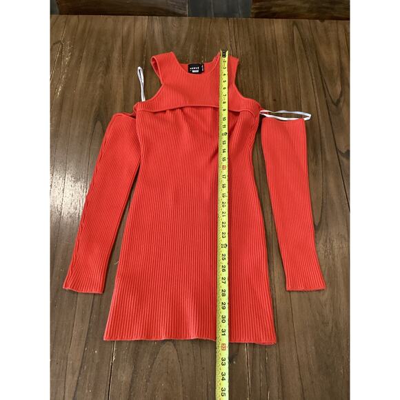 Herve By Herve Leger Orange Ribbed Knit Long Sleeve Cold Shoulder Mini Dress M - Picture 2 of 9